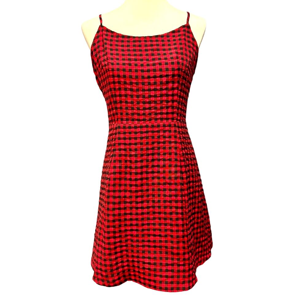 Red Black Plaid Buffalo Check Lace Up Back Mini Dress Size L Y2K Grunge